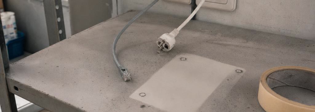 Una balda vacía con la marca limpia en el polvo donde estuvo un aparato y los cables aún enchufados