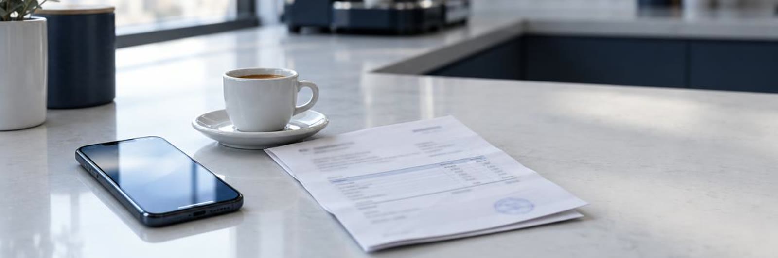 Un móvil encendido junto a un café y una factura en la cocina de la oficina