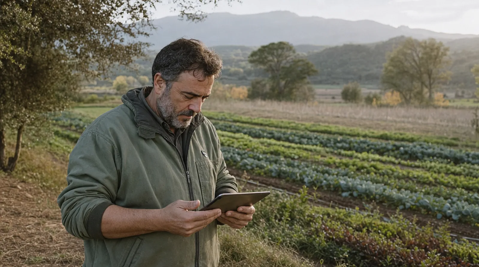 Un técnico revisa el cultivo con la tableta en el campo: el CCPAE certifica la producción ecológica catalana
