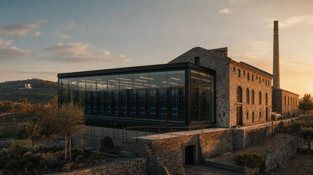 Antigua fábrica de piedra con un centro de datos acristalado incorporado, representando la nube híbrida
