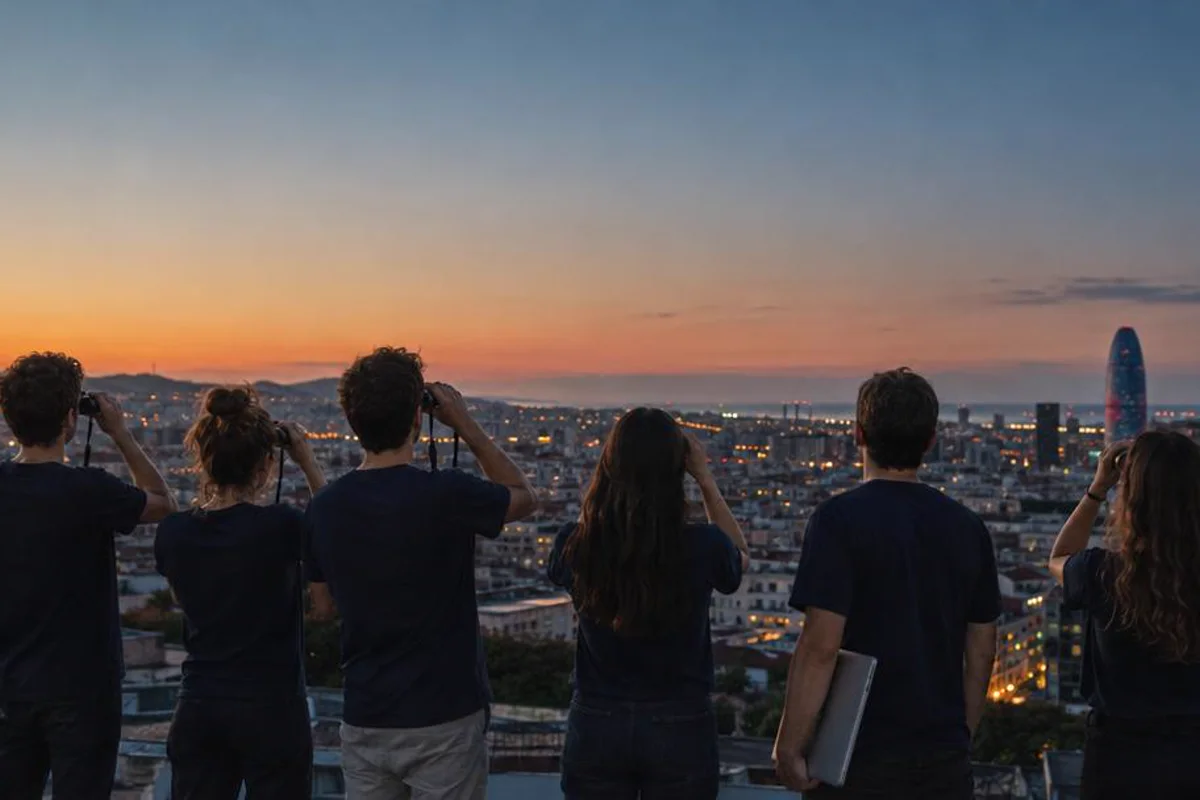 El equipo, de espaldas, en una azotea de Barcelona al atardecer, mirando la ciudad con prismáticos; la Torre Glòries al fondo