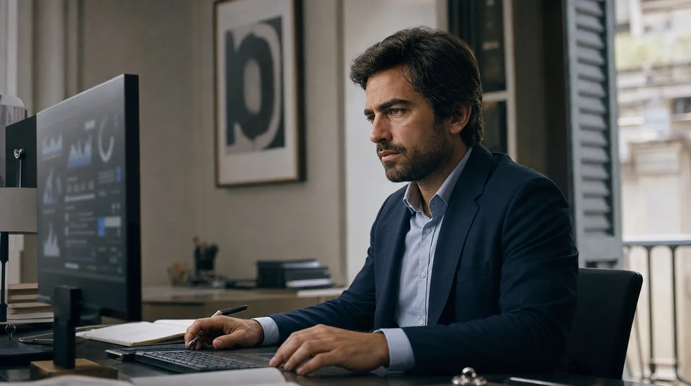 Profesional de una gestora de inversión trabajando frente a su pantalla en el despacho