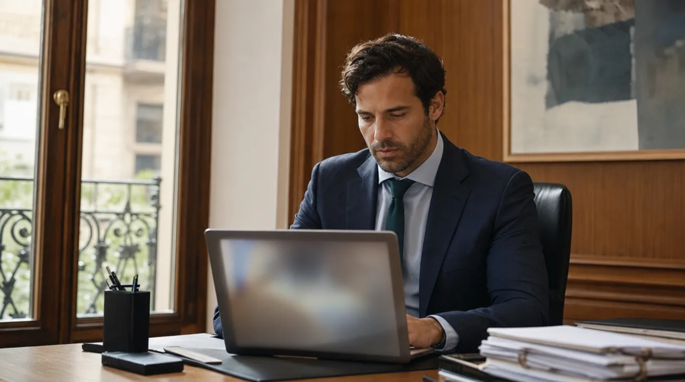 Mesa de despacho de abogados con expedientes y luz de ventana