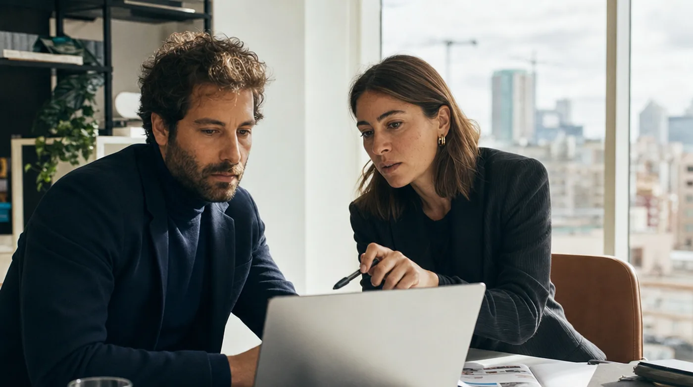 Equipo de una gestoría española revisando documentación de clientes en su oficina