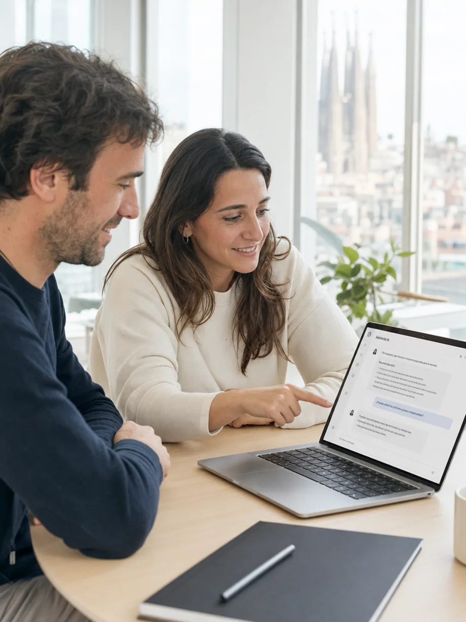 Dos profesionales revisando en un portátil las respuestas de un asistente de IA, en una oficina de Barcelona